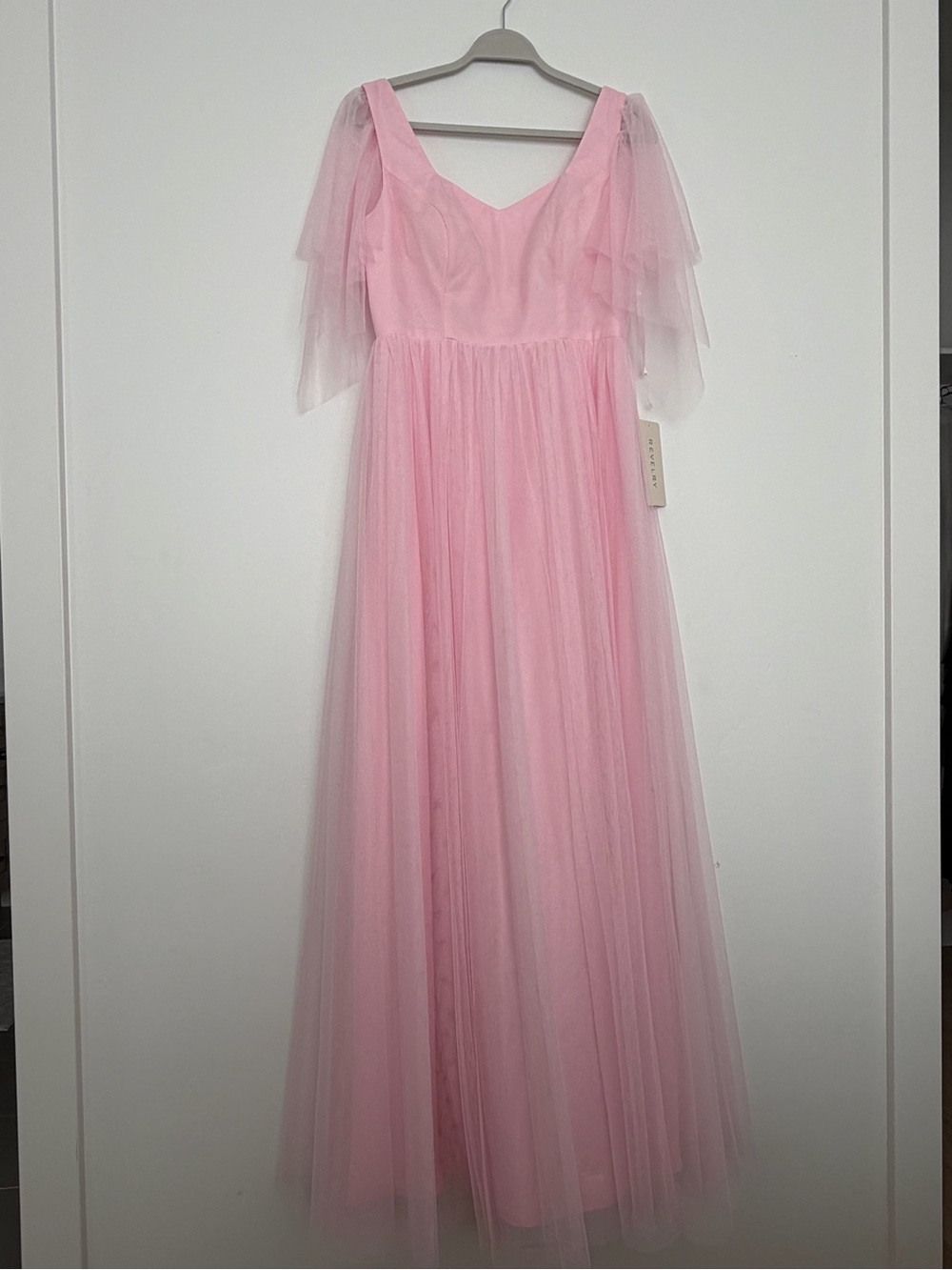 Revelry Baby Pink Tulle Formal Gown with Layered Flutter Sleeves